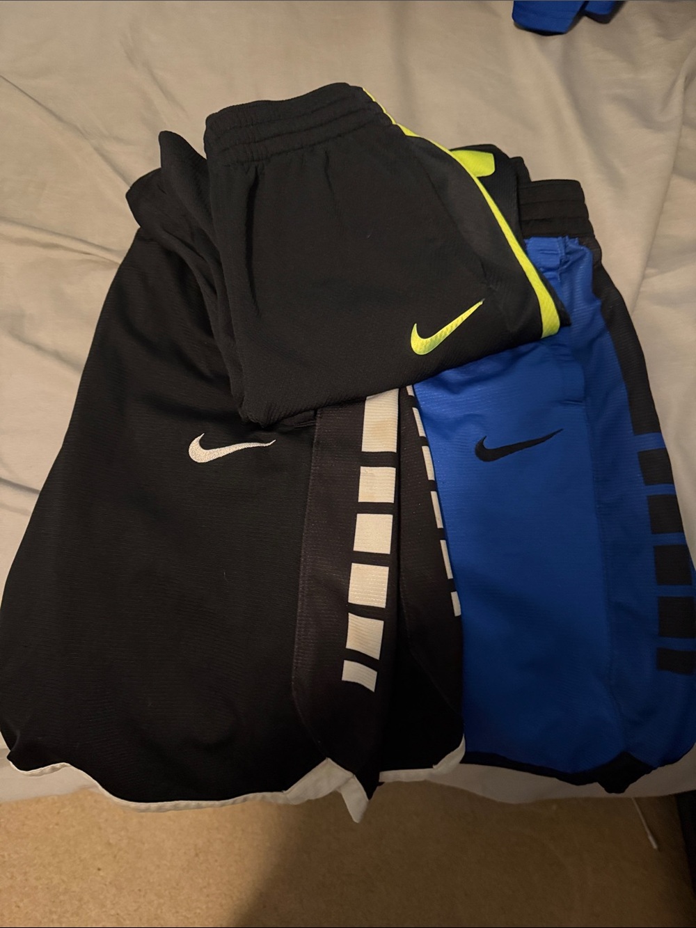 Nike Kids Athletic Shorts Trio — Black, Royal Blue & Neon Yellow Accents